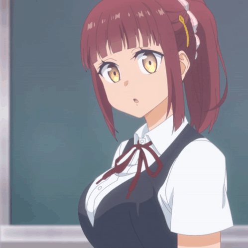 A Girl With Red Hair And Yellow Eyes Is Wearing A Black Vest And White Shirt GIF