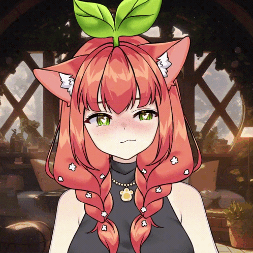 A Girl With Red Hair Has A Green Leaf On Top Of Her Head GIF