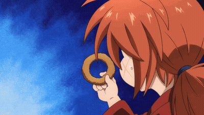 A Girl With Red Hair Is Eating A Donut With A Blue Sky In The Background GIF