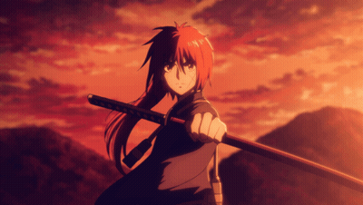 A Girl With Red Hair Is Holding A Sword GIF