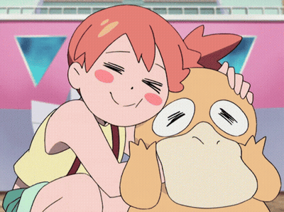 A Girl With Red Hair Is Hugging A Duck With A Pink Background GIF