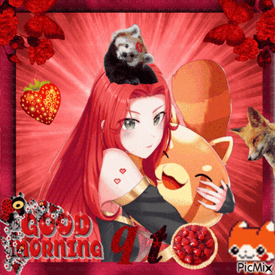 A Girl With Red Hair Is Hugging A Teddy Bear With A Red Panda On Her Head And The Words Good Morning At The Bottom GIF