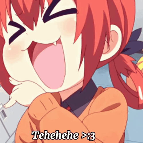 A Girl With Red Hair Is Laughing With Tehehehe > 3 Written On The Bottom GIF