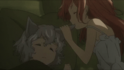 A Girl With Red Hair Is Looking At A Sleeping Girl With A Cat Ear GIF