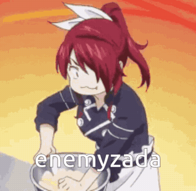 A Girl With Red Hair Is Mixing Something In A Bowl With The Words Enemyzada Written On The Bottom . GIF