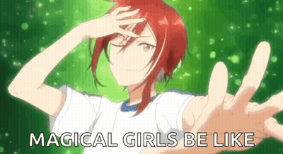 A Girl With Red Hair Is Reaching Out With The Words Magical Girls Be Like Behind Her GIF