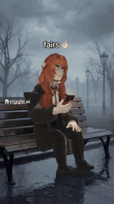 A Girl With Red Hair Is Sitting On A Park Bench With The Words Fairs Above Her GIF