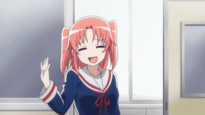 A Girl With Red Hair Is Smiling And Waving Her Hand In Front Of A Window GIF
