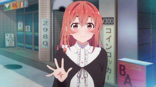 A Girl With Red Hair Is Standing In Front Of A Store That Says 300 GIF