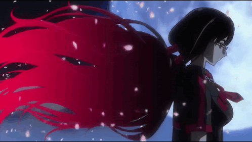 A Girl With Red Hair Is Standing In Front Of Petals Falling From The Sky GIF