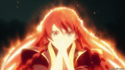 A Girl With Red Hair Is Surrounded By Flames And Says Omake Girl Anime On The Bottom Right GIF
