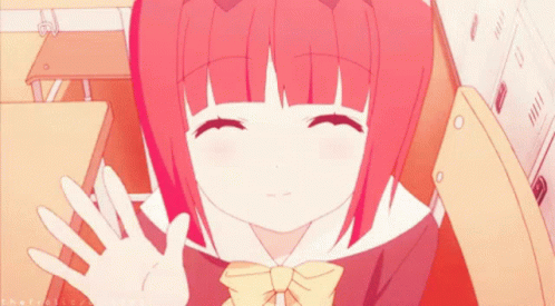 A Girl With Red Hair Is Waving Her Hand In Front Of A Locker With The Letters Eh On It GIF