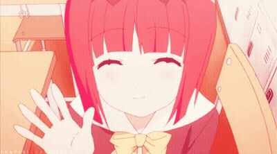 A Girl With Red Hair Is Waving Her Hand In Front Of A Locker With The Letters Eh On It GIF