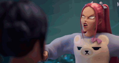 A Girl With Red Hair Is Wearing A Teddy Bear Sweater With A Bow On It GIF