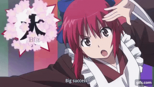 A Girl With Red Hair Is Wearing A White Apron And A Kimono And Says Big Success . GIF