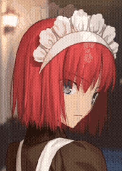 A Girl With Red Hair Is Wearing A White Maid 'S Hat GIF