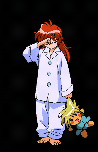 A Girl With Red Hair Is Wearing Pajamas And Yawning While Holding A Stuffed Animal GIF