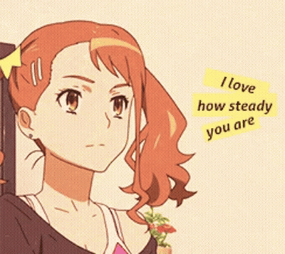 A Girl With Red Hair Says I Love How Steady You Are On A Yellow Sticker GIF