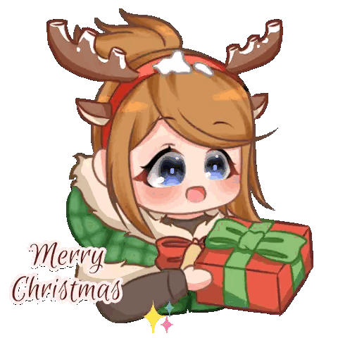 A Girl With Reindeer Antlers Is Holding A Gift And The Words Merry Christmas Are Above Her Sticker