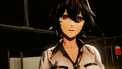 A Girl With Short Black Hair And Red Eyes Is Wearing A White Shirt With Gold Buttons GIF
