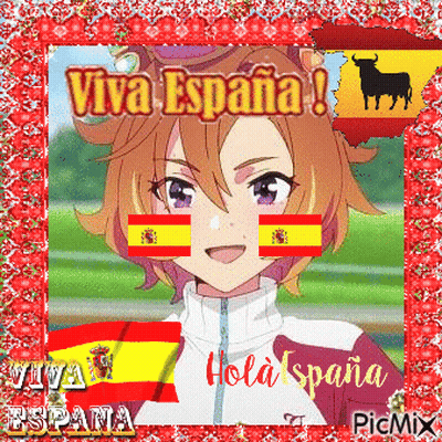 A Girl With Spanish Flags On Her Face And The Words Viva Espana GIF