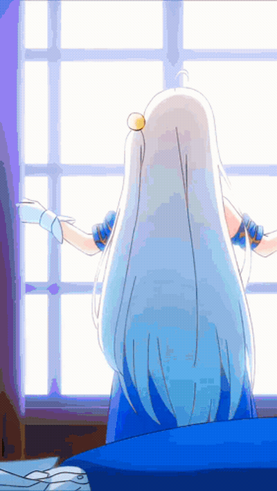 A Girl With White Hair And A Blue Dress Is Standing In Front Of A Window GIF