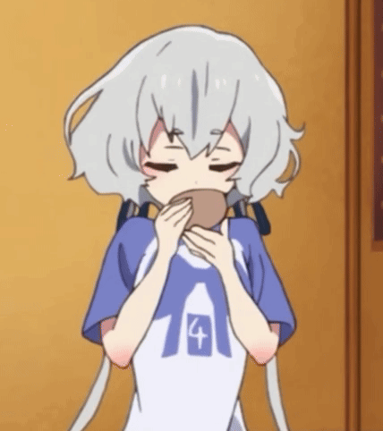 A Girl With White Hair And A Blue Shirt With The Number 4 On It Is Eating Something . GIF