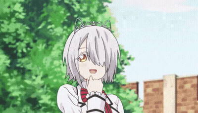 A Girl With White Hair And A Cat Ear Headband Is Standing In Front Of Trees . GIF