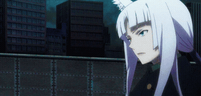 A Girl With White Hair And A Fox Ear Is Standing In Front Of A City Skyline GIF