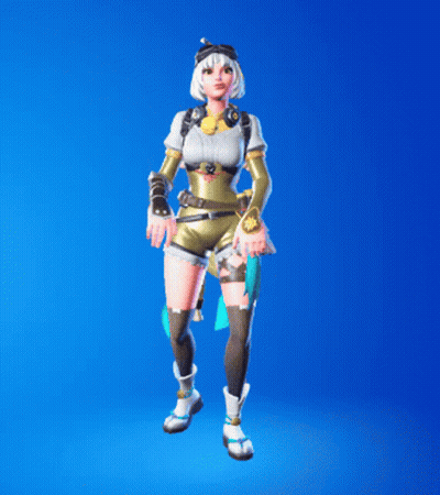 A Girl With White Hair And A Goggles On Her Head Is Standing In Front Of A Blue Background GIF