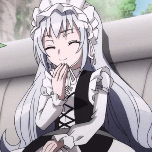 A Girl With White Hair And A Maid Outfit Is Smiling GIF