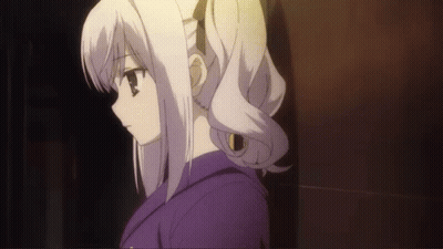 A Girl With White Hair And A Ponytail Is Standing In A Dark Room GIF