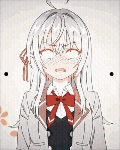 A Girl With White Hair And A Red Bow Tie Is Making A Funny Face With Her Eyes Closed . GIF