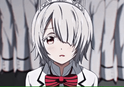 A Girl With White Hair And A Red Bow Tie Is Standing In Front Of A Crowd . GIF