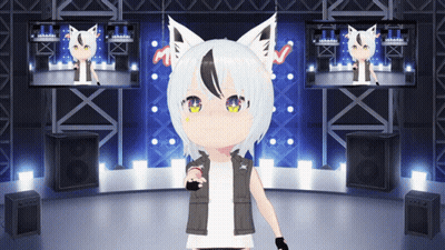 A Girl With White Hair And Black Ears Is Standing On A Stage In Front Of Two Monitors GIF