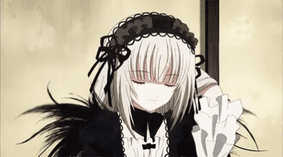 A Girl With White Hair And Black Feathers Is Holding A Fan GIF