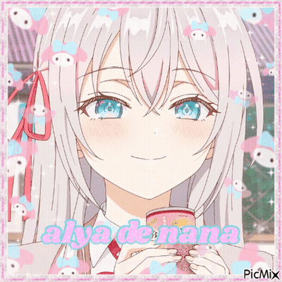 A Girl With White Hair And Blue Eyes Is Holding A Can Of Soda GIF