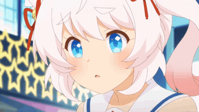 A Girl With White Hair And Blue Eyes Is Looking At Something GIF
