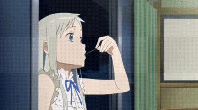 A Girl With White Hair And Blue Eyes Is Looking Out Of A Window At Night GIF