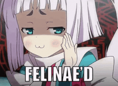 A Girl With White Hair And Blue Eyes Is Making A Funny Face And The Words Felinae 'D Are On The Bottom GIF
