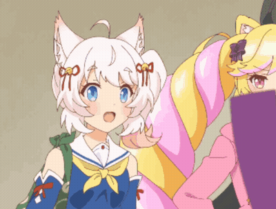 A Girl With White Hair And Blue Eyes Is Standing Next To A Girl With Pink Hair GIF
