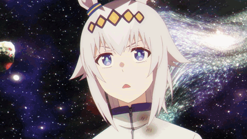 A Girl With White Hair And Blue Eyes Looks Up At The Stars GIF