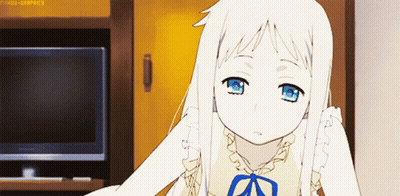 A Girl With White Hair And Blue Eyes Stands In Front Of A Tv GIF