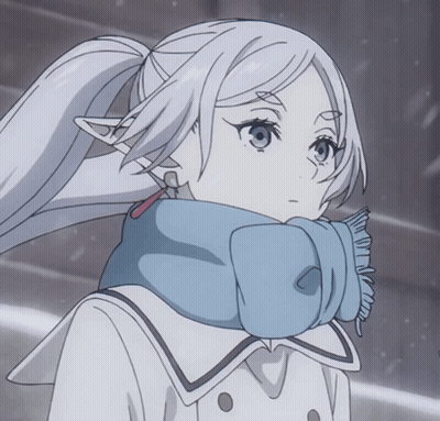 A Girl With White Hair And Blue Eyes Wearing A Scarf Around Her Neck GIF