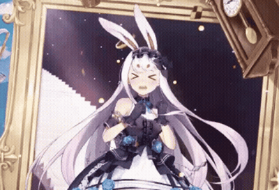 A Girl With White Hair And Bunny Ears Is Standing In Front Of A Picture Frame With A Clock In The Background GIF