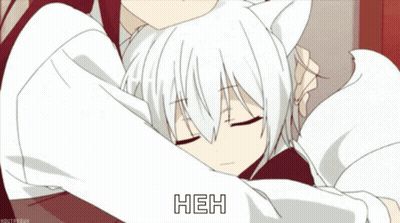 A Girl With White Hair And Cat Ears Is Being Hugged By A Man With The Word Heh Above Her GIF