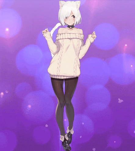 A Girl With White Hair And Cat Ears Wearing A White Sweater GIF