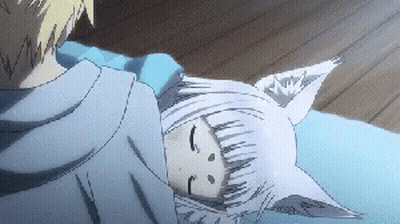 A Girl With White Hair And Ears Is Sleeping On A Bed Next To A Boy . GIF