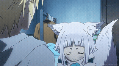 A Girl With White Hair And Ears Looks At A Boy With Blonde Hair GIF