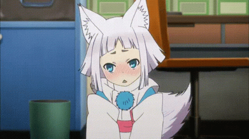 A Girl With White Hair And Fox Ears Is Sitting In Front Of A Chair GIF